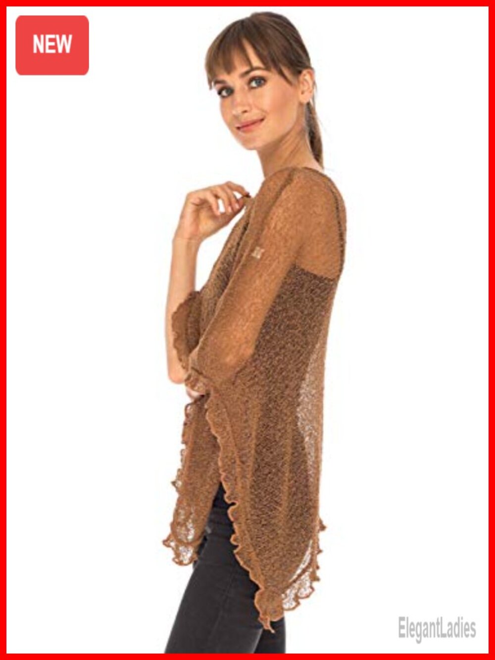 Sheer Knit Ruffle Poncho Shrug Lightweight Cover Up One Size
